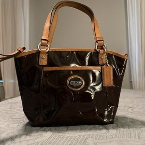 Coach Brown Patent Leather Embossed Monogram Medium Tote Purse Handbag